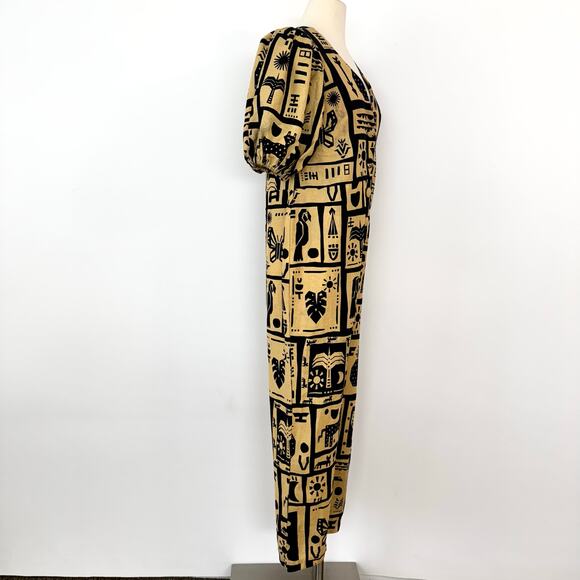 FARM Rio Linen Button-Down Jumpsuit Short Balloon Sleeve Beige/Black S - Picture 7 of 13